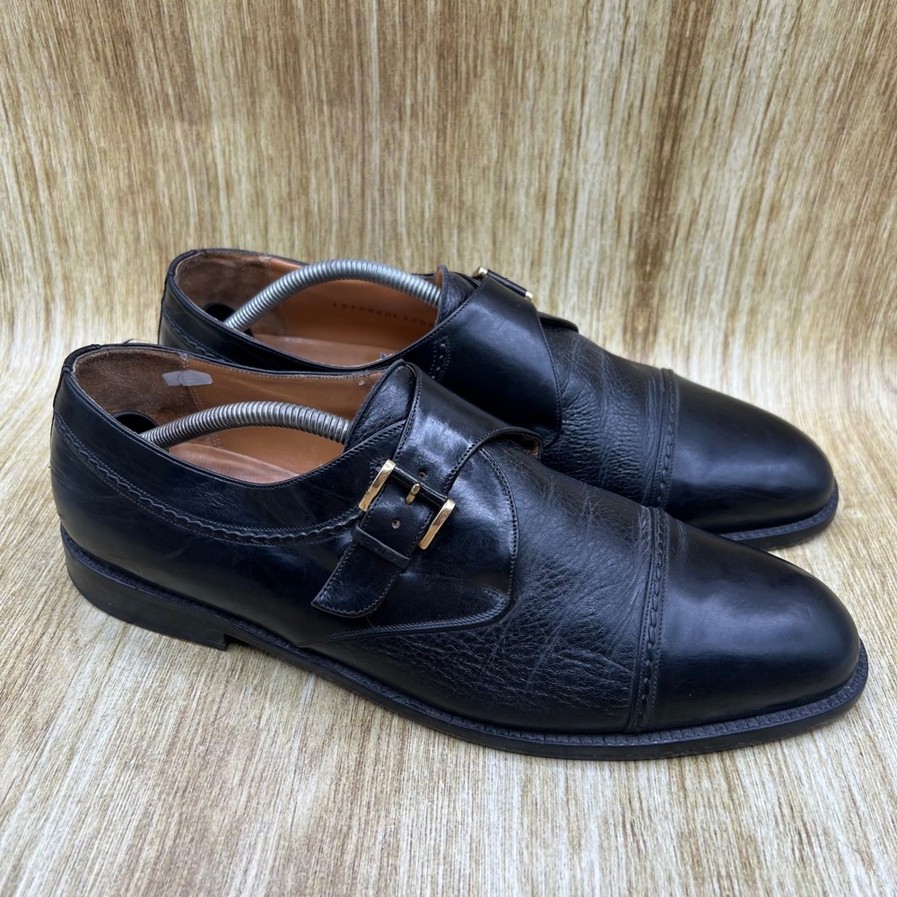 Mezlan Istanbul Monk Strap Shoes Men's 12 Black Leather Cap Toe Gold Buckle